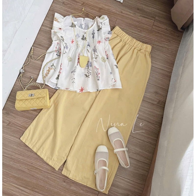 TG56- Sét bộ áo babydoll cánh tiên dập ly ngực hoa phối cùng quần dài ống suông rộng mát mẻ (40-56kg)