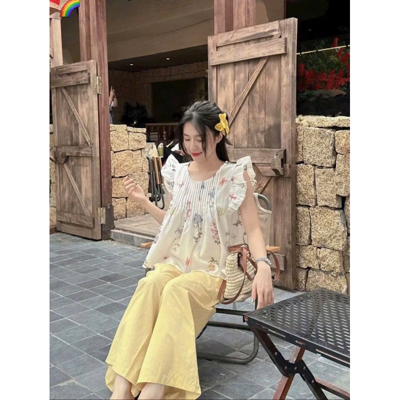 TG56- Sét bộ áo babydoll cánh tiên dập ly ngực hoa phối cùng quần dài ống suông rộng mát mẻ (40-56kg)