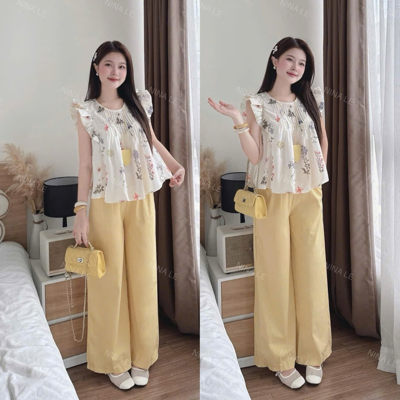 TG56- Sét bộ áo babydoll cánh tiên dập ly ngực hoa phối cùng quần dài ống suông rộng mát mẻ (40-56kg)