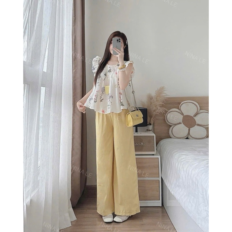TG56- Sét bộ áo babydoll cánh tiên dập ly ngực hoa phối cùng quần dài ống suông rộng mát mẻ (40-56kg)