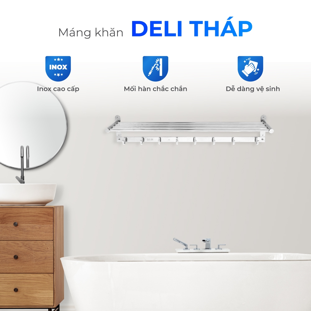 Thanh treo khăn nhà tắm Deli tháp QUI PHÚC, inox 304 không gỉ, sáng bóng, có móc treo, đa dạng kích thước