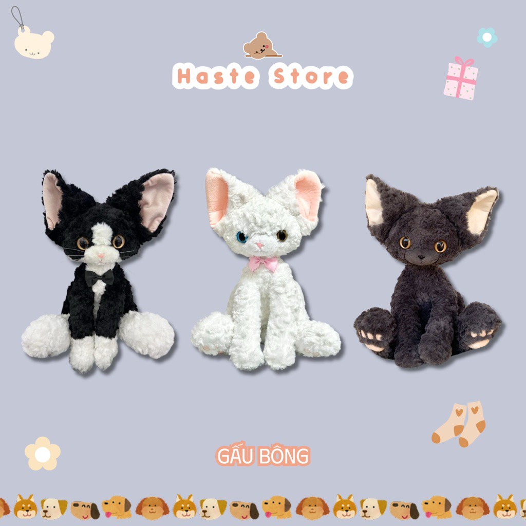 Gấu Thú Bông Mèo Devon Rex Lông Xoăn 45cm Đen Xám Trắng Mắt Sáng Lông Xù Siêu Mềm Mịn Siêu Dễ Thương Gối Ôm Ngủ