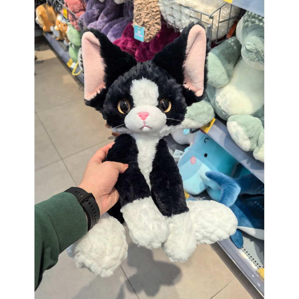Gấu Thú Bông Mèo Devon Rex Lông Xoăn 45cm Đen Xám Trắng Mắt Sáng Lông Xù Siêu Mềm Mịn Siêu Dễ Thương Gối Ôm Ngủ