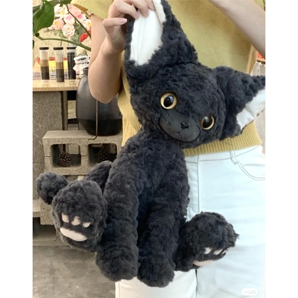 Gấu Thú Bông Mèo Devon Rex Lông Xoăn 45cm Đen Xám Trắng Mắt Sáng Lông Xù Siêu Mềm Mịn Siêu Dễ Thương Gối Ôm Ngủ