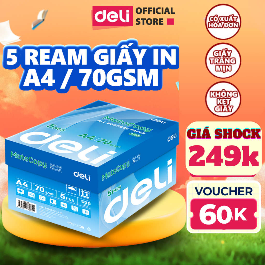 [DEAL SỐC] Thùng 5 Ream Giấy A4 Deli Giấy In Photo Copy 70gsm Chính ...