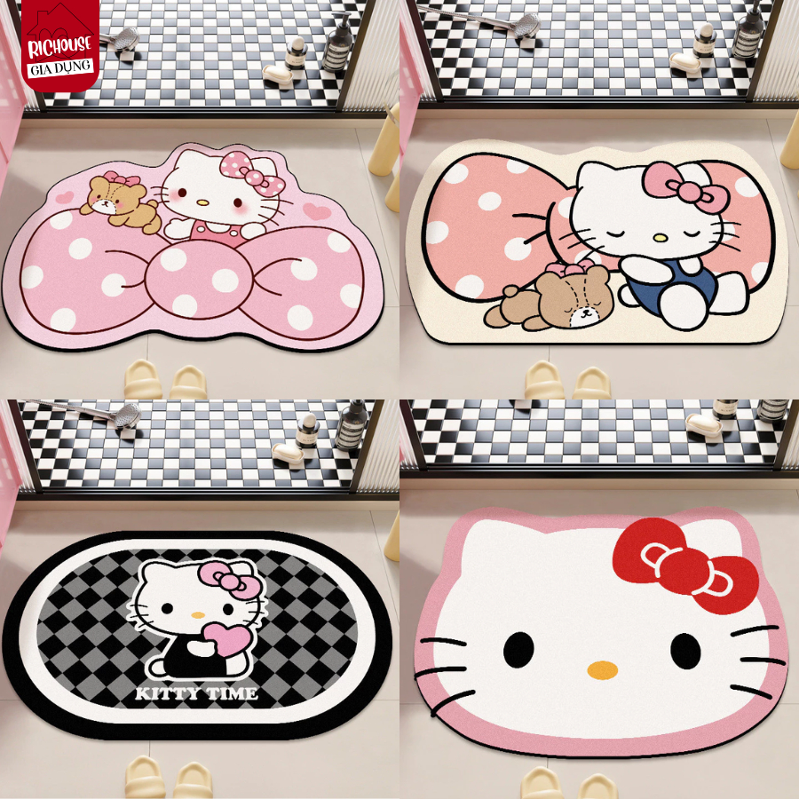 Thảm Siêu Thấm Hút Mẫu Hello Kitty Chất Tảo Mịn, Thảm Lau Chân Phòng Tắm