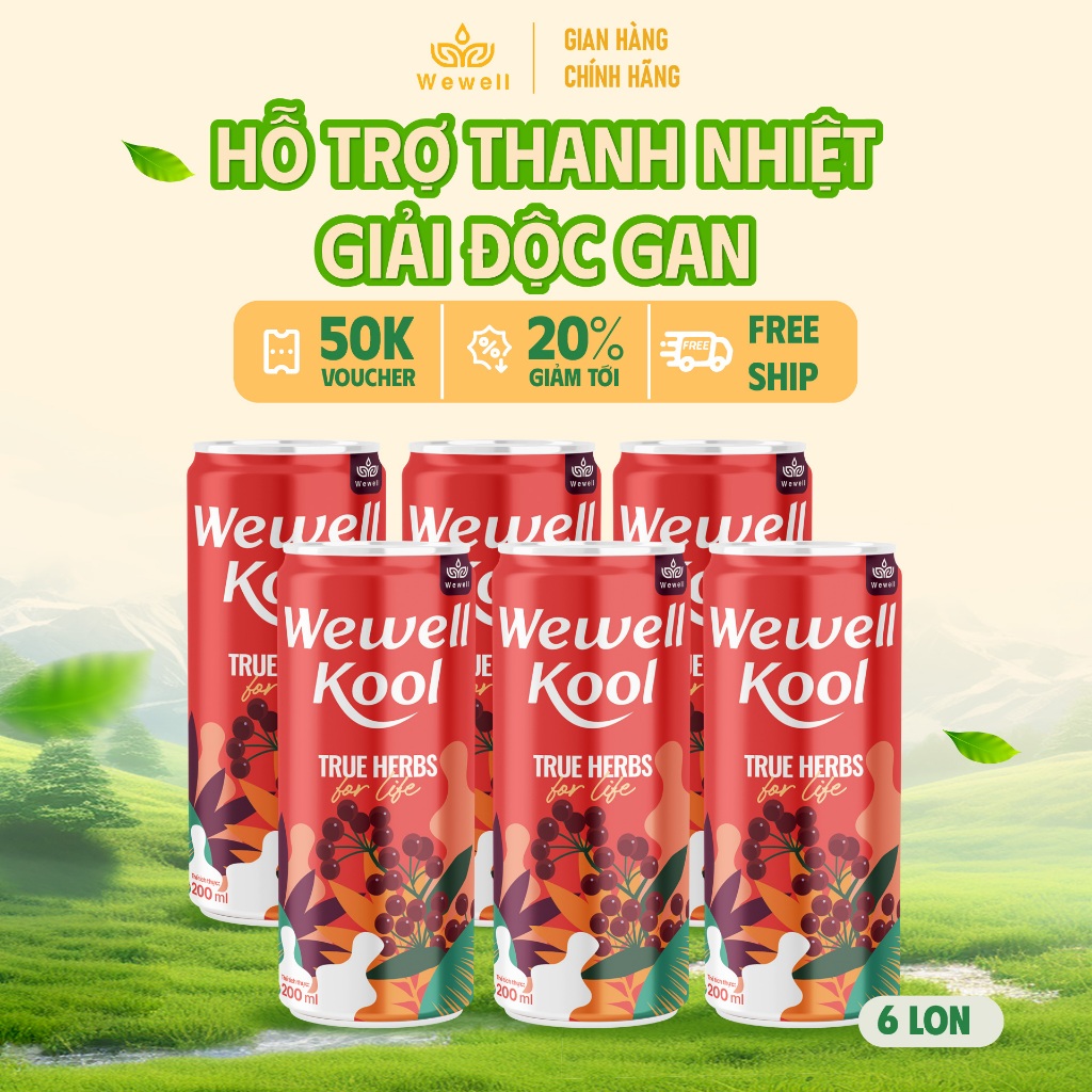 [Lốc 6 lon] Nước uống thuần thảo dược Wewell Kool (200ml)