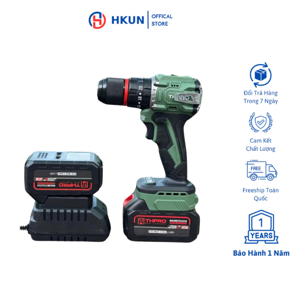 Máy Khoan Pin THPRO TH13 Xanh, 3 Chức Năng, Đầu 13ly Autolock, Động Cơ Không Chổi Than, Chân Pin Phổ Thông