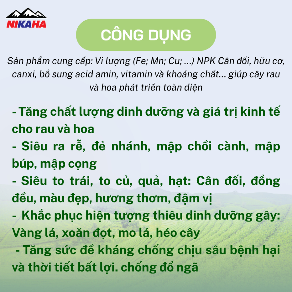 NIKAHA - Phân Bón Hữu Cơ Rau Màu - Hoa Màu, Kích Rễ Khỏe, Xanh Lá, Hãm Lộc, Kích Hoa - 33ml