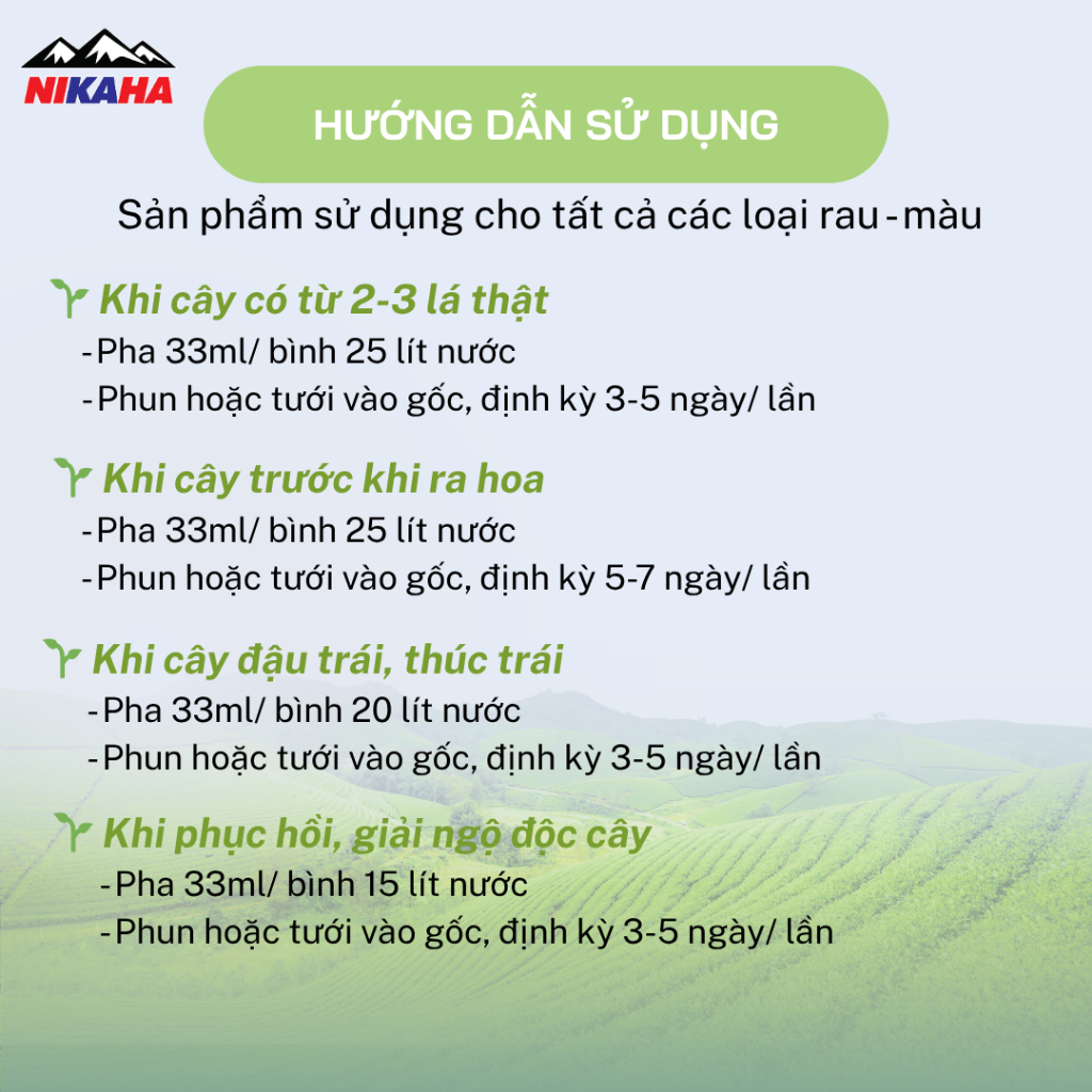 NIKAHA - Phân Bón Hữu Cơ Rau Màu, Kích Rễ Khỏe, Xanh Dày Lá, Đâm Chồi, To Quả, Phục Hồi Nhanh - 25ml
