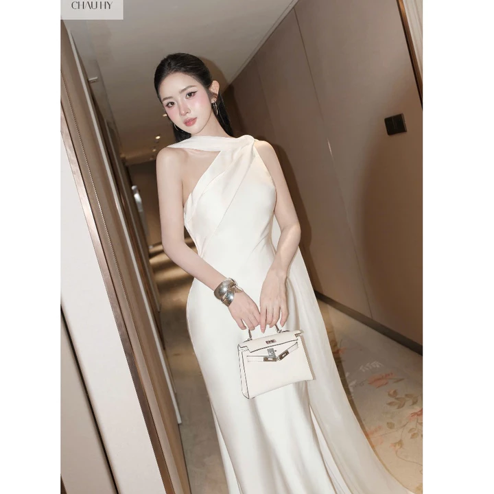 Váy lụa dáng dài váy lụa sang chảnh váy lụa lệch vai cao cấp hàng chất đẹp màu trắng siêu xinh