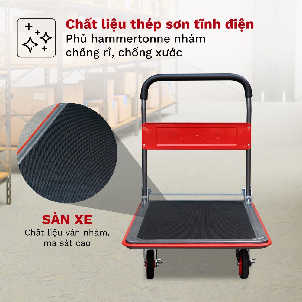 Xe chở hàng công nghiệp FUJIHOME SH300N Nhập Khẩu, Xe kéo hàng tay đẩy êm ái sàn chống xước tải 300kg bánh khoá an toàn