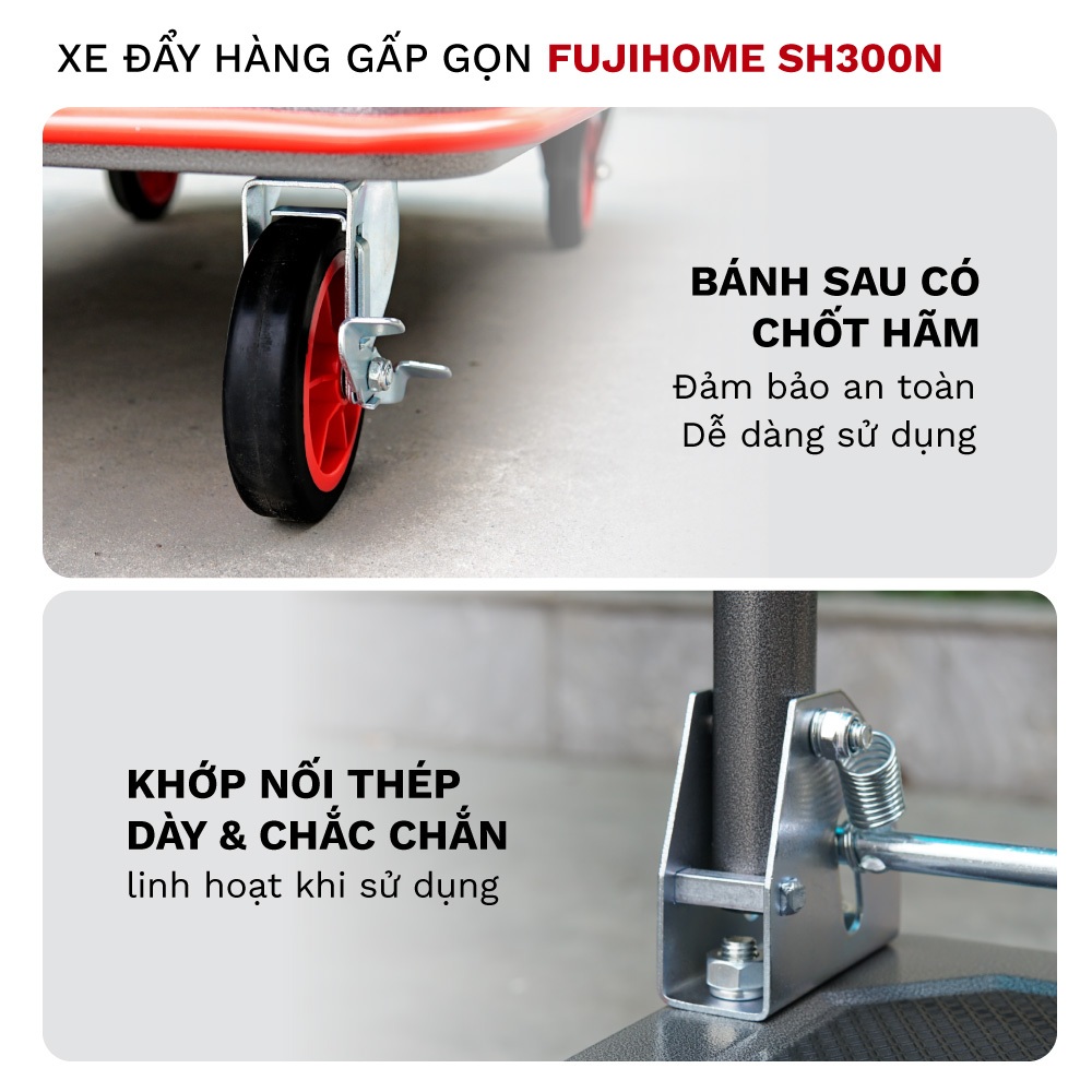 Xe chở hàng công nghiệp FUJIHOME SH300N Nhập Khẩu, Xe kéo hàng tay đẩy êm ái sàn chống xước tải 300kg bánh khoá an toàn