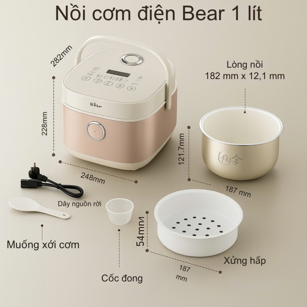 Nồi Cơm Điện 1L Bear DFB-H30A3 (RC-4H30S) - 600W, Lòng Tráng Men, Hẹn Giờ - Hàng Chính Hãng