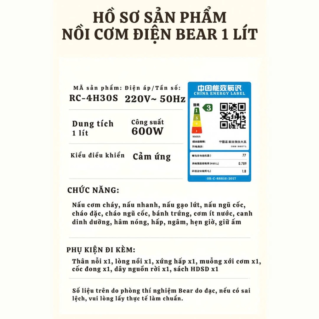Nồi Cơm Điện 1L Bear DFB-H30A3 (RC-4H30S) - 600W, Lòng Tráng Men, Hẹn Giờ - Hàng Chính Hãng