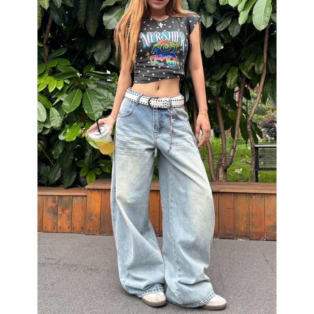 (sẵn L,XL) Quần jean wash ống rộng xanh nhạt hoạ tiết thêu túi chỉ nâu QJCT013 - Tiktik