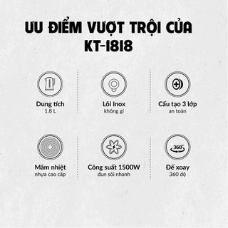 Bình Đun Siêu Tốc OSAKA KT-1818 – Dung Tích 1.8L, Công Suất 1500W, Inox 304, 3 Lớp Cách Nhiệt