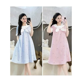 Váy bầu công sở ANAN  thiết kế 2 mầu kẻ xanh và kẻ hồng phối cổ trắng xếp ly