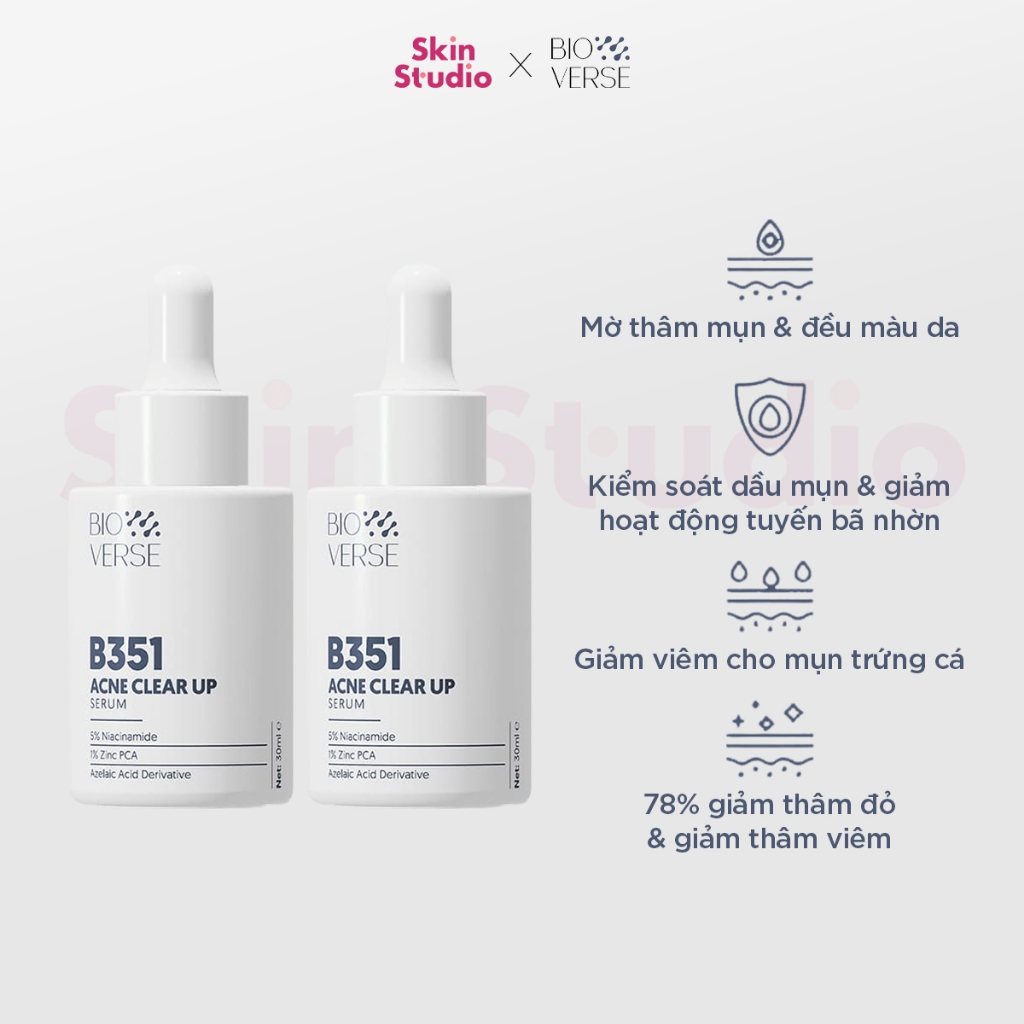 Tinh Chất Mờ Thâm Niacinamide 5% + Zinc 1% Hỗ Trợ GiảmMụn Bioverse B351 Acne Clear Up Serum 30ml