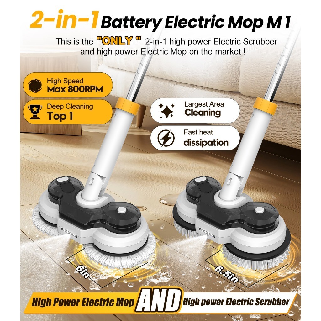 Máy Chà Điện 2 Đầu - TẶNG 6 Bàn Chải + Pin & Sạc | IPX7 Chống Nước, Cần Chỉnh Linh Hoạt | Tốc Độ Cao