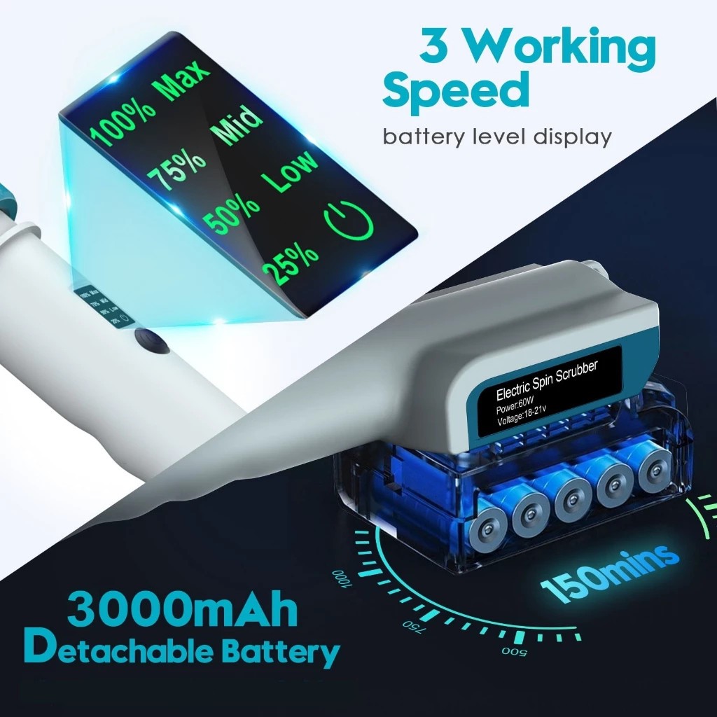 Máy Chà Điện 2 Đầu - TẶNG 6 Bàn Chải + Pin & Sạc | IPX7 Chống Nước, Cần Chỉnh Linh Hoạt | Tốc Độ Cao