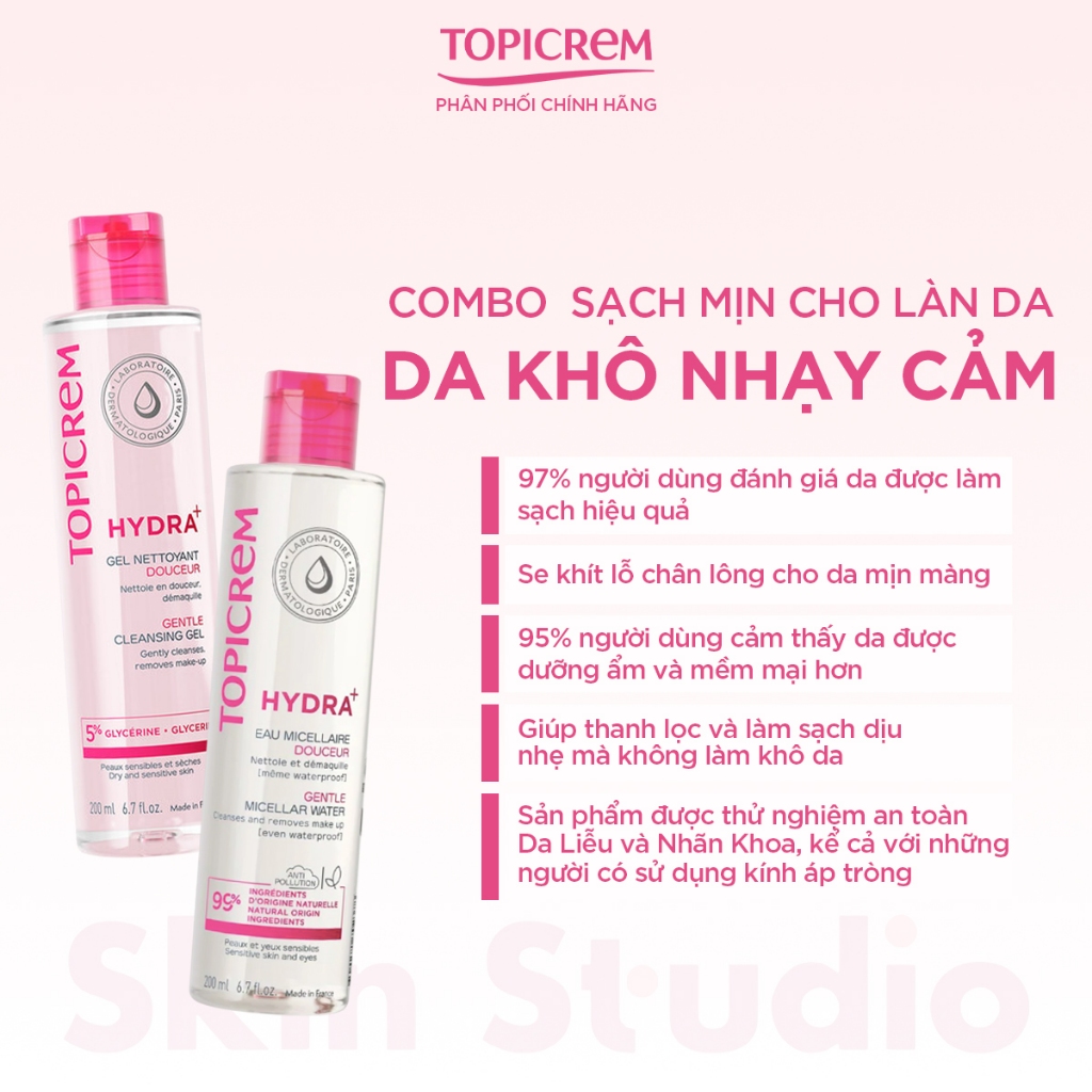 Nước tẩy trang dành cho da khô, da mụn & nhạy cảm TOPICREM GENTLE MICELLAR WATER 200ml - Skin Studio
