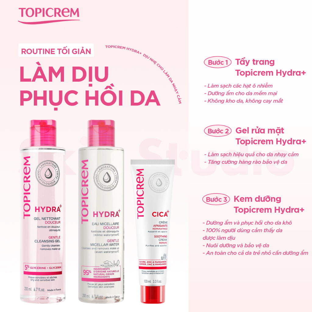Nước tẩy trang dành cho da khô, da mụn & nhạy cảm TOPICREM GENTLE MICELLAR WATER 200ml - Skin Studio