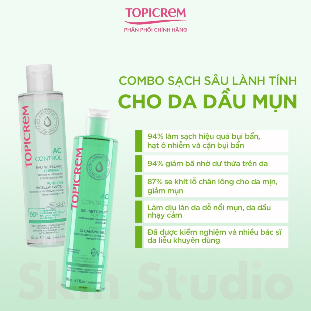 Sữa rửa mặt dạng gel làm sạch da dầu mụn TOPICREM AC PURIFYING CLEANSING 200ml - Skin Studio