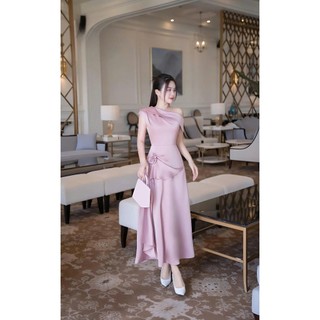 Đầm xinh dự tiệc cưới, váy lụa lệch vai quấn hoa eo, thiết kế sang trọng Eva hamichi