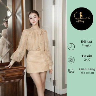 Set váy dáng A ngắn mix áo sơ mi ren cổ nơ Eva hamichi