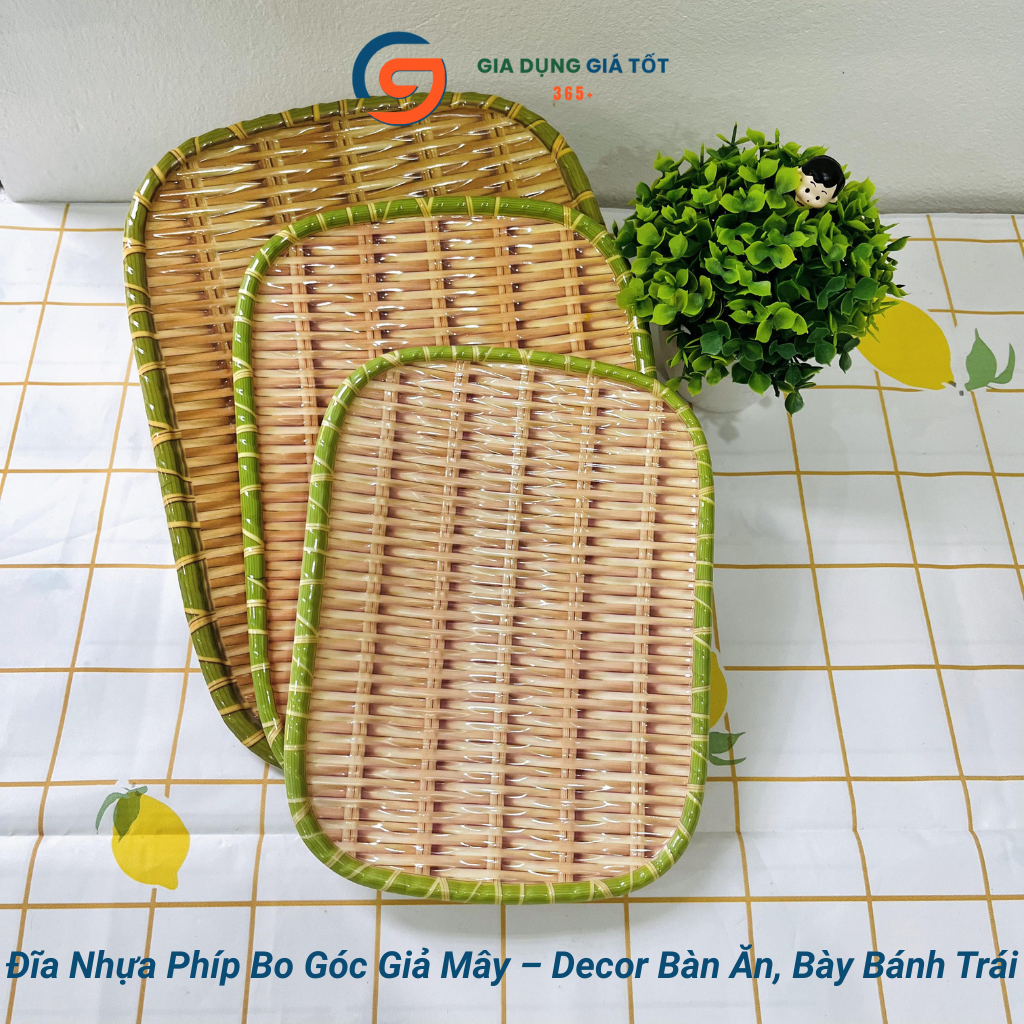 Mẹt nhựa giả mây hình chữ nhật, đĩa nhựa dày đẹp đựng bún đậu, nem nướng, đồ ăn vặt