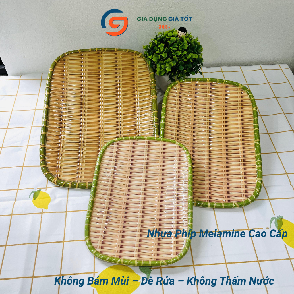 Mẹt nhựa giả mây hình chữ nhật, đĩa nhựa dày đẹp đựng bún đậu, nem nướng, đồ ăn vặt