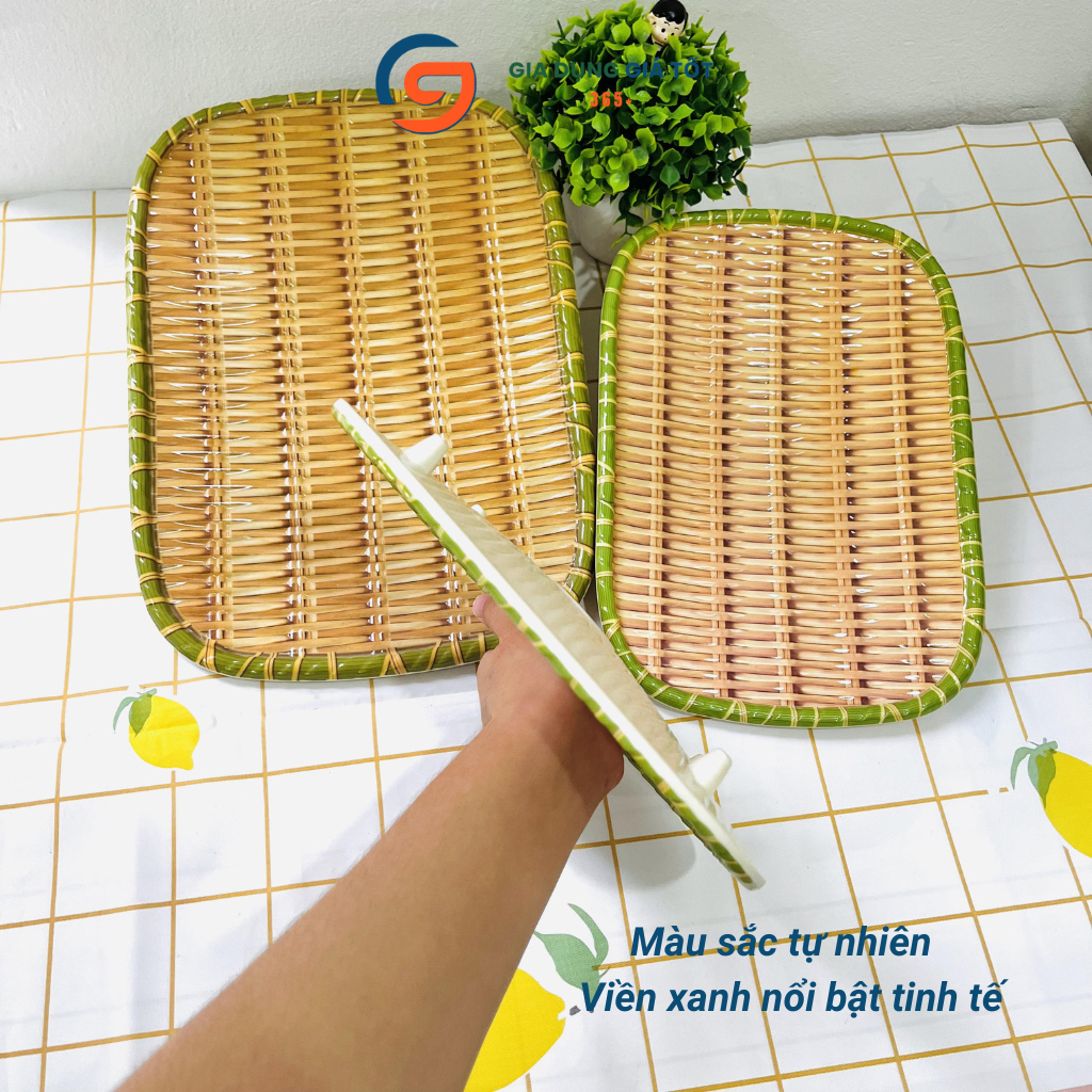 Mẹt nhựa giả mây hình chữ nhật, đĩa nhựa dày đẹp đựng bún đậu, nem nướng, đồ ăn vặt