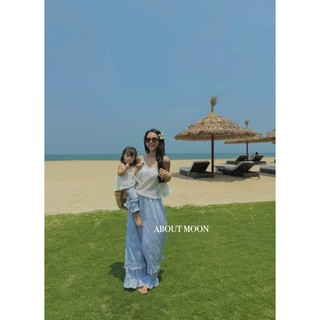 Set áo ren lưới cổ chữ V sát nách phối quần ống suông form rộng kẻ sọc xinh cá tính cho nàng đi biển- BaoTrang.clothes