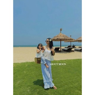 Set áo ren lưới cổ chữ V sát nách phối quần ống suông form rộng kẻ sọc xinh cá tính cho nàng đi biển- BaoTrang.clothes
