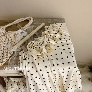 Set áo trễ vai hoạ tiết chấm bí đính hoa lớn trước ngực nhún bí bồng xoè phối quần boom xinh cho nàng - BaoTrang.clothes