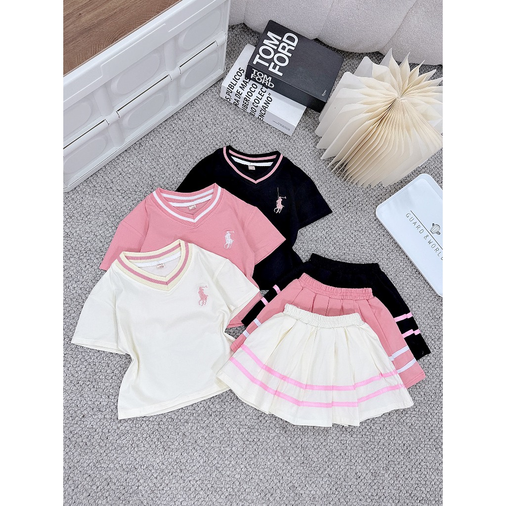 Set váy ngựa cổ tim chân váy xếp li, chất liệu thoáng mát dành cho bé gái từ 9-35 kg vay cho be gai set  váy