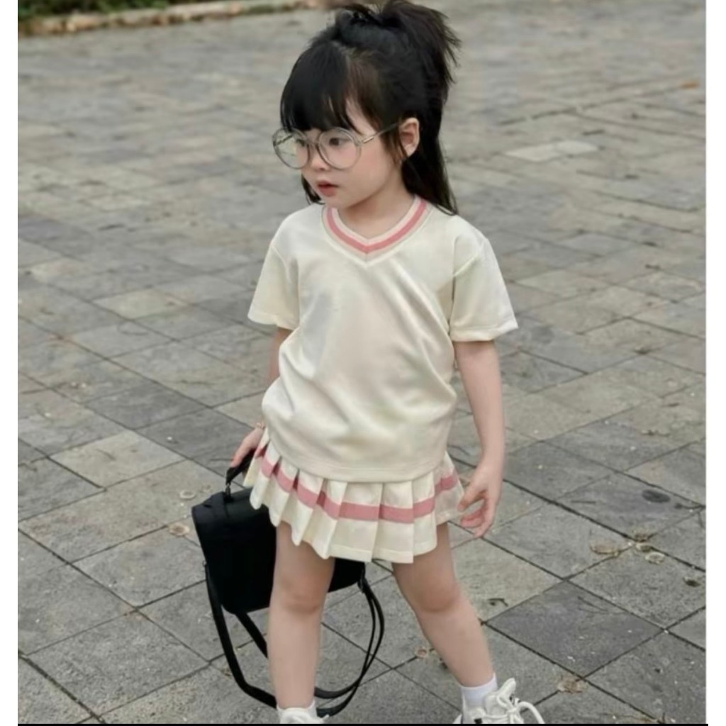 Set váy ngựa cổ tim chân váy xếp li, chất liệu thoáng mát dành cho bé gái từ 9-35 kg vay cho be gai set  váy