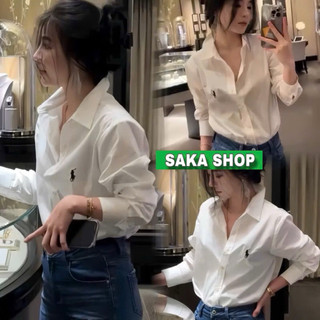 Áo sơ mi trắng from rộng tay dài nữ thêu ngựa vải cotton lụa