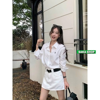 Áo sơ mi trắng from rộng tay dài nữ thêu ngựa vải cotton lụa