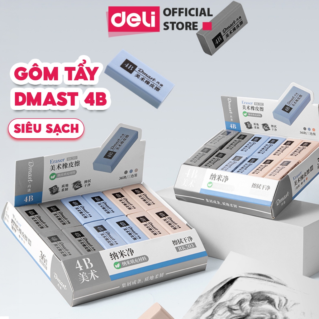 Gôm Tẩy 4B Cao Cấp Dmast Deli - Tẩy Mềm Siêu Sạch Ít Vụn Không Mòn Rách Giấy Tẩy Mỹ Thuật Học Sinh Sinh Viên