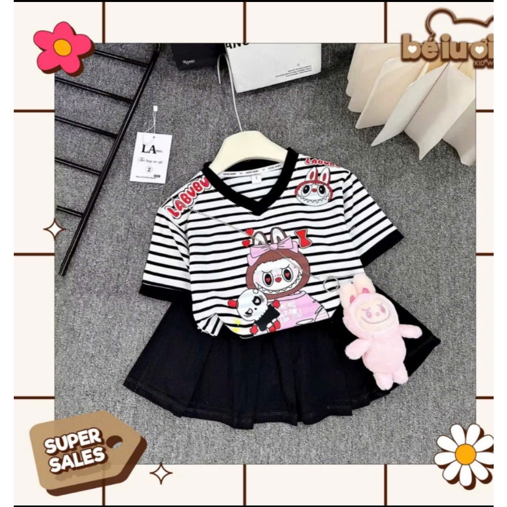 Có Lót Trong [7-41kg] Set Váy Xếp Ly Kẻ Sọc In Hình LABUBU Chất Liệu Tixi Dành Cho Bé Gái