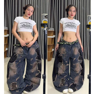 Quần Jeans Ống Rộng Chắp Vá Xanh Đen Wash Nâu Phối Rách Streetstyle Unisex M.I.O STORE
