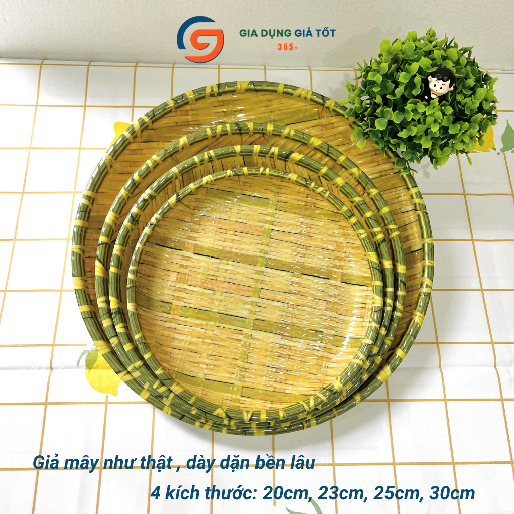 Mẹt nhựa giả mây tròn sâu lòng dày đẹp, đĩa phíp giả tre đan đựng bún đậu, nem nướng, trái cây