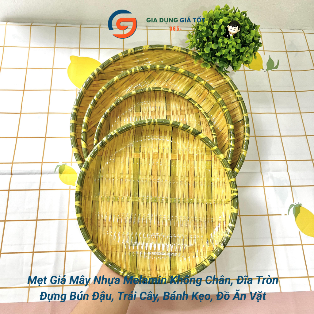 Mẹt nhựa giả mây tròn sâu lòng dày đẹp, đĩa phíp giả tre đan đựng bún đậu, nem nướng, trái cây