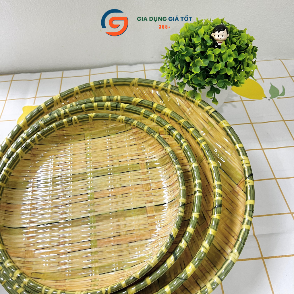 Mẹt nhựa giả mây tròn sâu lòng dày đẹp, đĩa phíp giả tre đan đựng bún đậu, nem nướng, trái cây