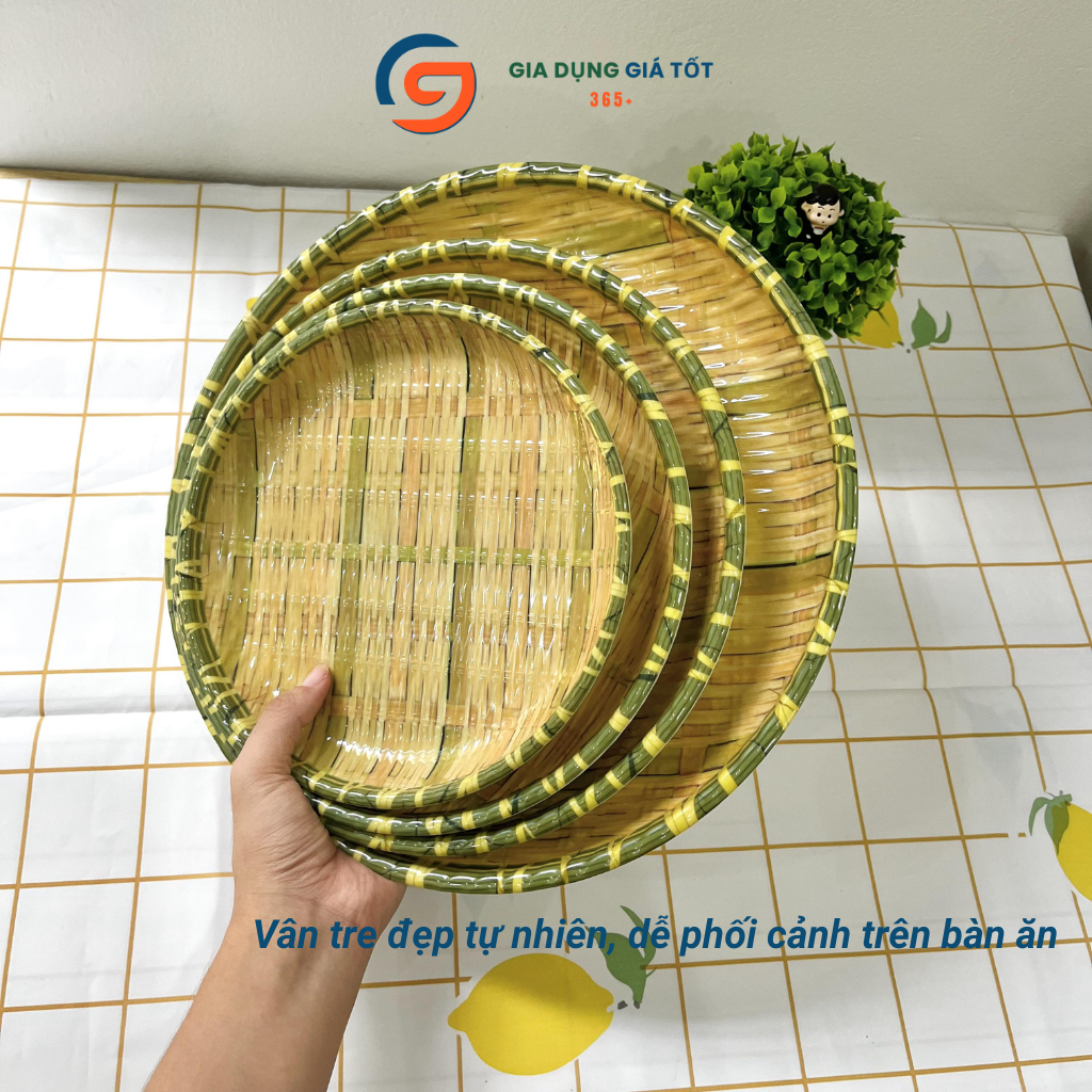 Mẹt nhựa giả mây tròn sâu lòng dày đẹp, đĩa phíp giả tre đan đựng bún đậu, nem nướng, trái cây