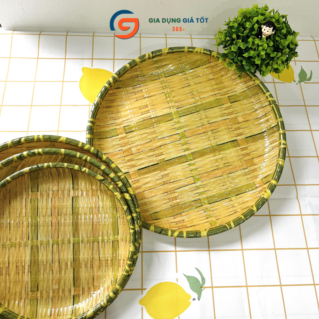 Mẹt nhựa giả mây tròn sâu lòng dày đẹp, đĩa phíp giả tre đan đựng bún đậu, nem nướng, trái cây