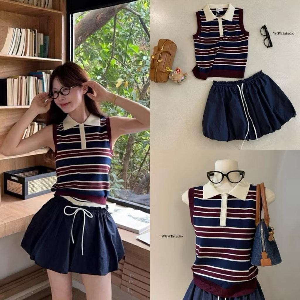 [Hàng sẵn] Áo len sát nách cổ bẻ họa tiết kẻ hàng QCL1 A124
