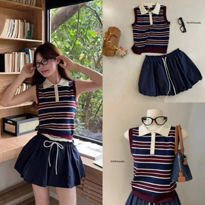 Áo len sát nách cổ bẻ họa tiết kẻ hàng QCL1 A124